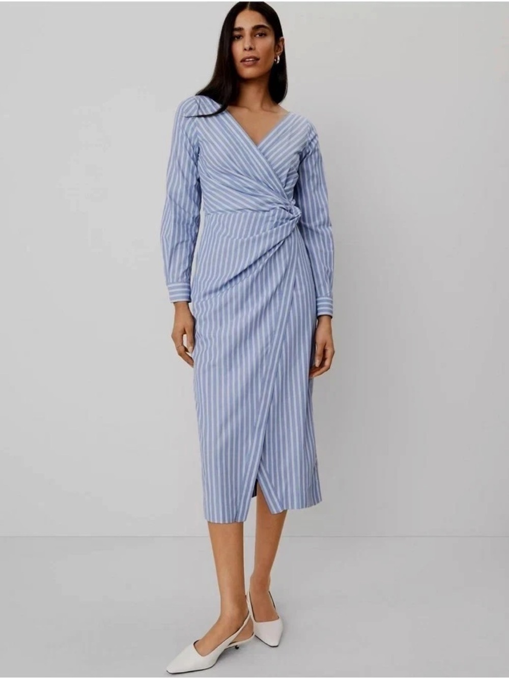 Ann Taylor Asymmetric Shirtdress Blue White Stripe Long Sleeves Size 10